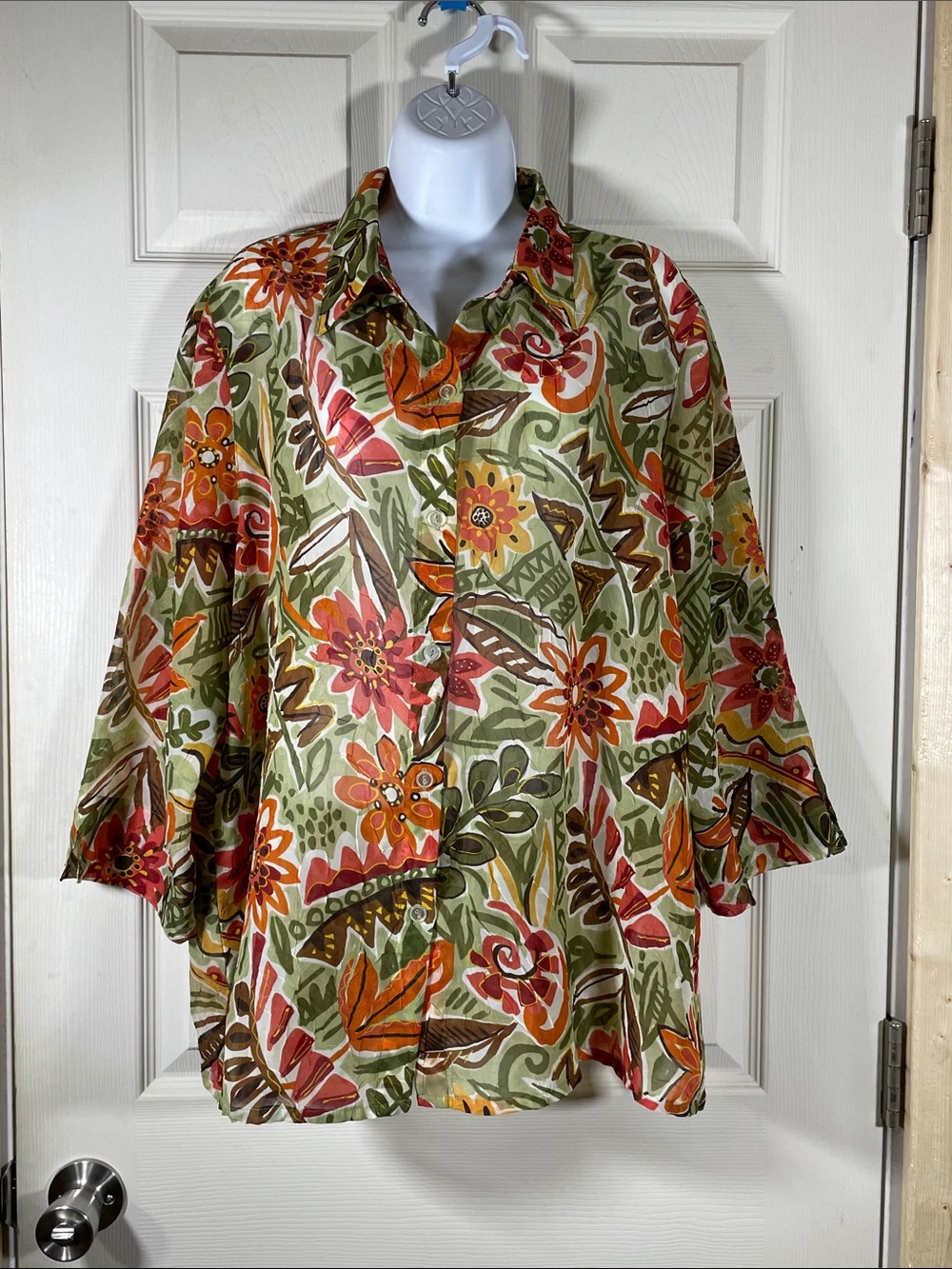 Alfred Dunner Floral Button-Up Blouse in Olive, Orange, Rust